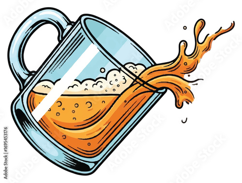 A cartoon illustration of a tilted glass beer mug with amber ale splashing out dynamically.