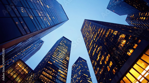 A city skyline at dusk with tall buildings illuminated by lights, against a clear blue sky.