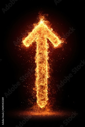 Flaming arrow pointing upwards, fiery texture and particles set against a dark background, symbolizing direction and intensity