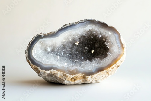 Close-up of an open geode displaying sparkling crystals inside against a neutral background.