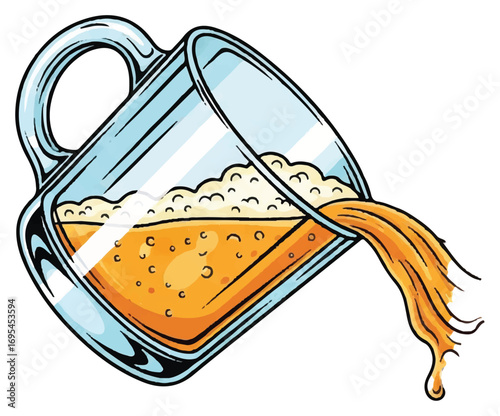 An illustrated glass mug tilted, pouring out golden foamy liquid, likely beer or ale, against a white background.