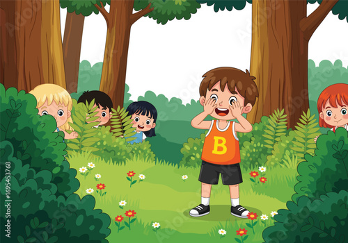 Children playing hide and seek in green forest, outdoor kids game, happy childhood friends, nature fun activity, summer holiday adventure, cad drawing flat vector illustration