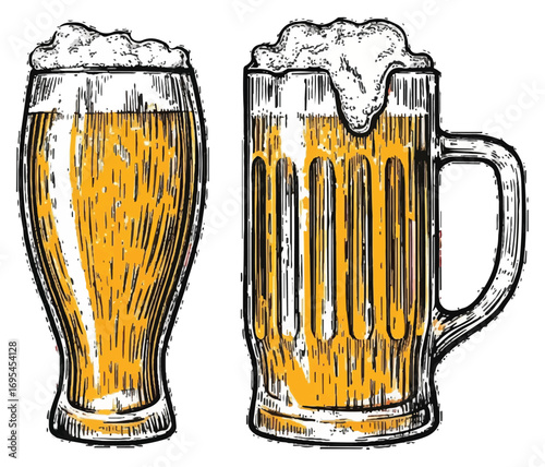 Two glasses of beer, one a pint glass and the other a traditional beer mug, illustrated in a vintage style.