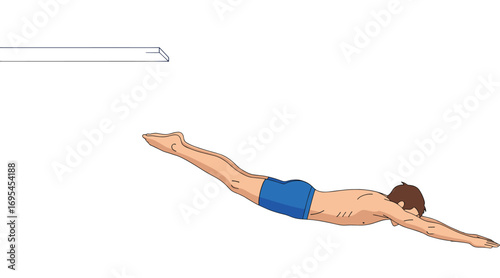 Diving athlete cartoon illustration, springboard jump in swimming pool, sports action concept, flat vector art, professional swimmer technique, summer water activity design, competitive diving artwork
