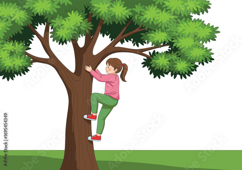 Young person climbing tree, outdoor adventure activity, nature exploration concept, flat vector art, playful childhood moment, healthy lifestyle design, cartoon character enjoying greenery