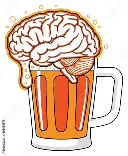 A cartoon illustration of a human brain floating inside a large glass mug filled with frothy beer.