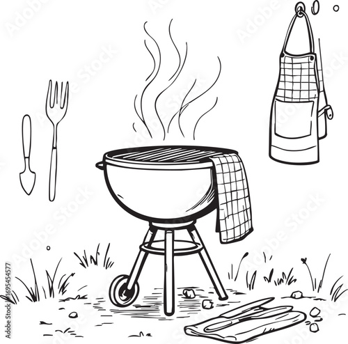 Black and white vector of backyard barbecue grill with utensils, apron, and smoke perfect for summer, cooking, and leisure designs