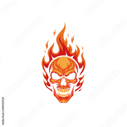 A bold skull logo design engulfed in flames, combining dramatic fiery elements with strong aggressive appearance for impactful branding