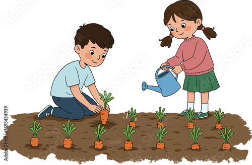 Cartoon kids gardening with carrots, boy harvesting, girl watering plants, outdoor activity for children, cad drawing flat vector illustration for agriculture concept