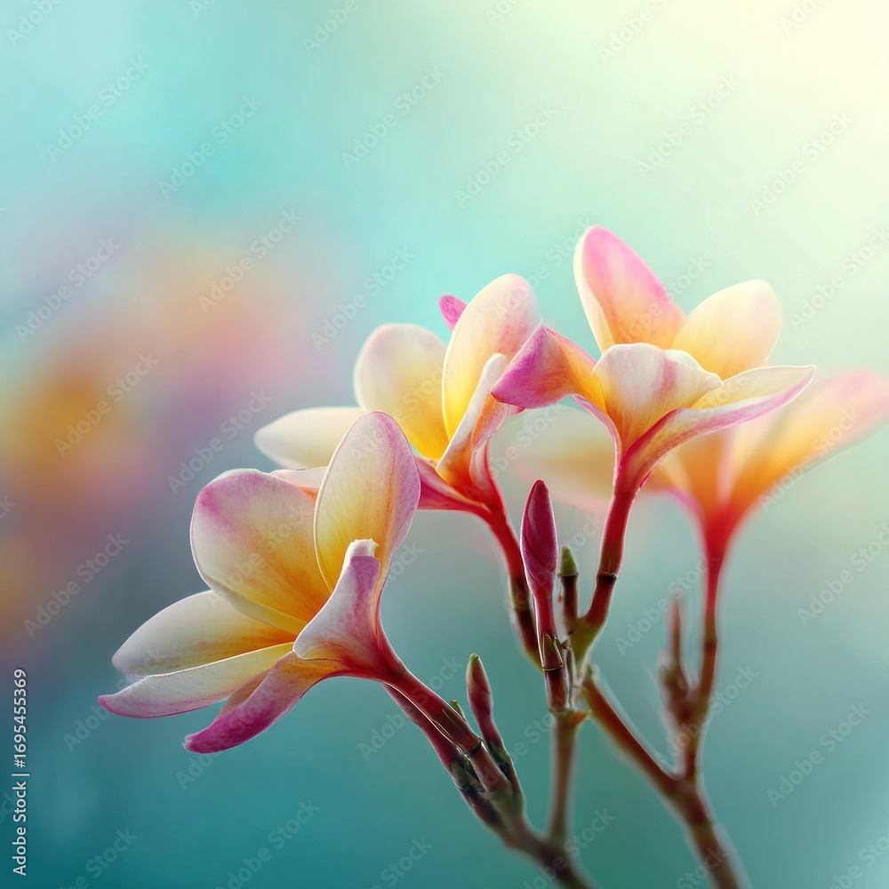 Fototapeta premium Delicate, softly-focused plumeria blossoms in shades of white, yellow, and pink against a vibrant, abstract turquoise and pink background