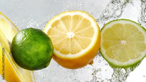 Fresh citrus fruits splashing in clear water background