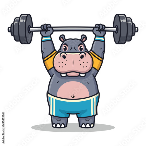 Cartoon Hippo Lifting Barbell Overhead for Fitness and Health Campaign Material Illustration