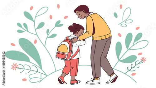 Parent comforting child with backpack, symbolizing support and care