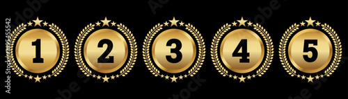 Set of Golden Number Award on Podium Stage. Number Ranking 1 2 3 4 5. Vector Illustration Isolated on White Background. Award, podium ,trophy, badge, emblem, label, vector.
