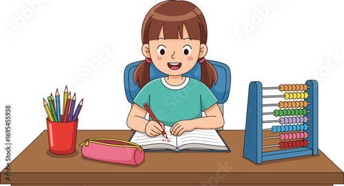 Young girl writing in notebook, child learning at desk, colorful abacus, school supplies, early education, homework activity, creative learning, preschool study, classroom concept