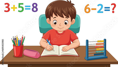 Child studying at desk with school supplies, writing in notebook, colorful math equations, learning activity, education concept, classroom illustration, creative study environment, back to school