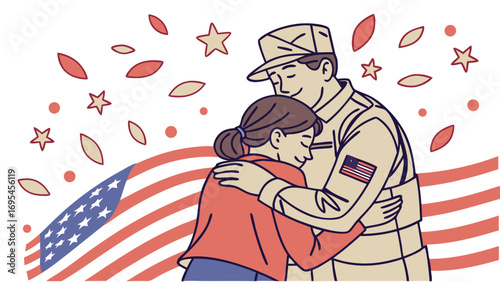 Woman hugging soldier in uniform, symbolizing homecoming and love