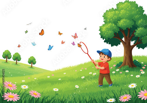 Little boy catching butterflies in flower meadow, child with red net in spring field, playful outdoor adventure, nature exploration, colorful insects, happy childhood moment