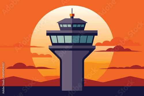 A detailed illustration of an airport control tower, featuring its distinctive shape and surrounding landscape.