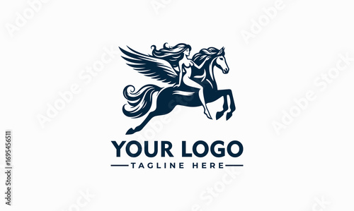 A woman rides a winged horse, a logo design with text below.
