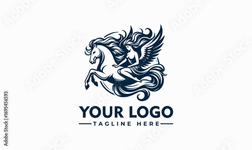A stylized logo featuring a winged horse (Pegasus) with a female figure riding it, surrounded by flowing mane and tail.