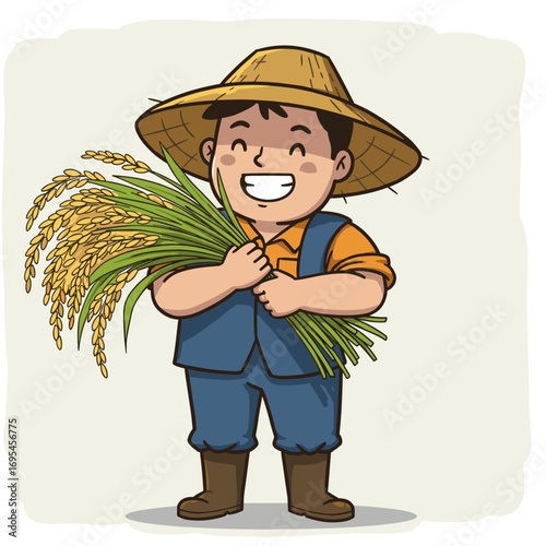 Cartoon farmer smiling while holding golden rice stalks, wearing a straw hat, orange shirt, blue vest and pants, set against a light background.
