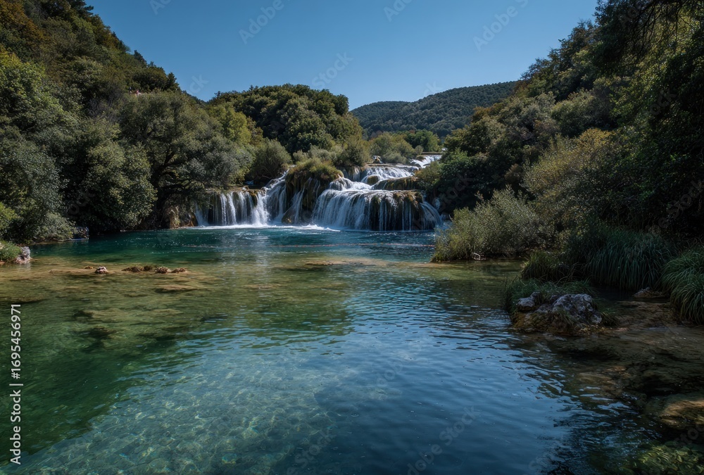 Obraz premium Cascading waterfalls flow into a clear, shallow river surrounded by lush green trees under a clear blue sky on a sunny day