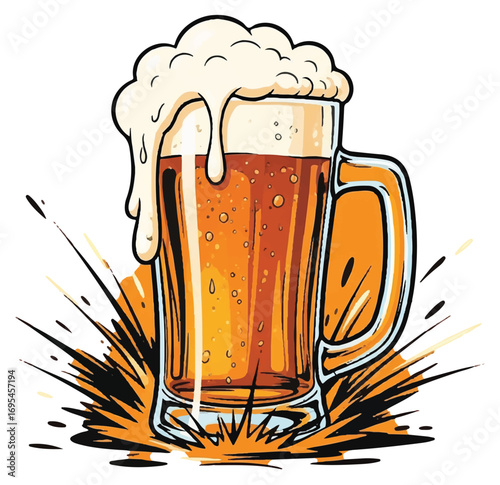 Illustration of a full beer mug with overflowing foam, depicting a refreshing beverage.