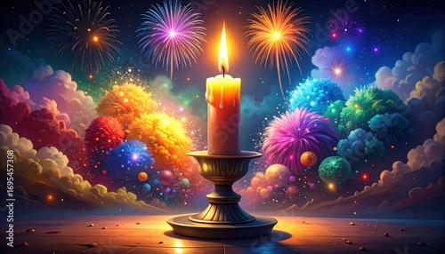 A candle illuminates a vibrant, fantastical scene of colorful fireworks exploding among celestial clouds, creating a captivating and dreamy mood.