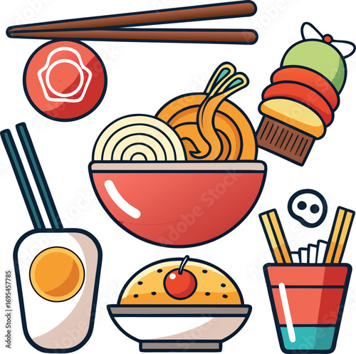 Icons depicting Chinese food, including a bowl of noodles and chopsticks, showcasing popular culinary items.