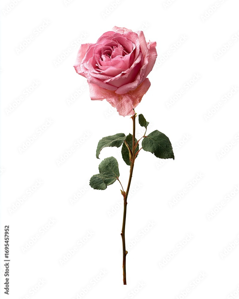 Naklejka premium Pink rose, stem, leaves, isolated