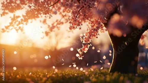 Cherry Blossom Dream: A serene scene unfolds beneath a cherry blossom tree, petals dancing in the gentle breeze of a sunlit day, evoking a sense of tranquility and the ephemeral beauty of spring.