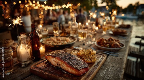 Summer Night BBQ with Grilled Fish, Side Dishes, and Sparkler Ambience