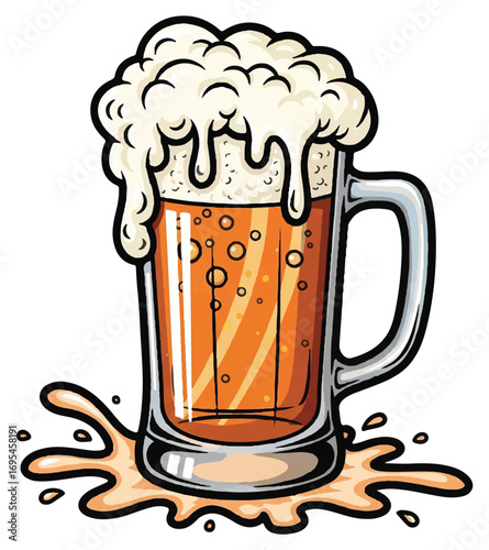 Cartoon illustration of a frothy beer mug overflowing with golden ale and a splash at the bottom, isolated on white.