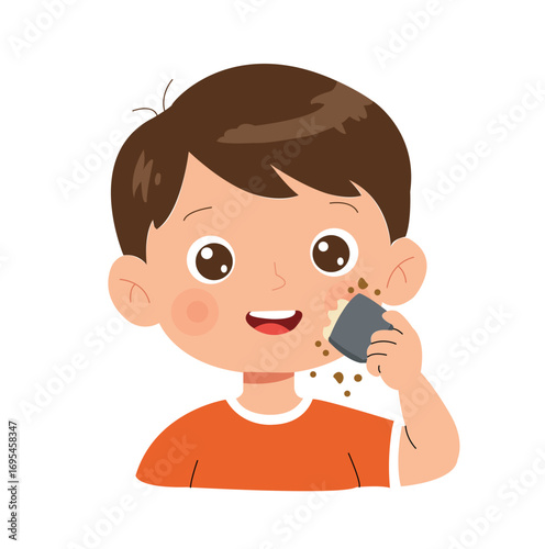 Cartoon Boy Applying Dark Powder to Face with a Puff.