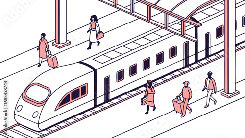 People of various ages walking along a platform beside a train, showcasing a busy transit scene.