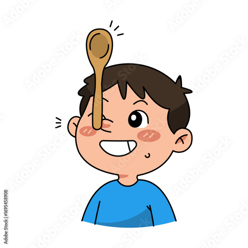Cartoon Boy Balancing Wooden Spoon on Forehead Smiling with One Tooth Visible.