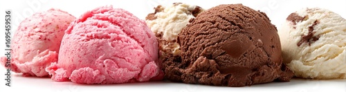 Five scoops of colorful ice cream sit side by side, showcasing strawberry, chocolate, and vanilla flavors