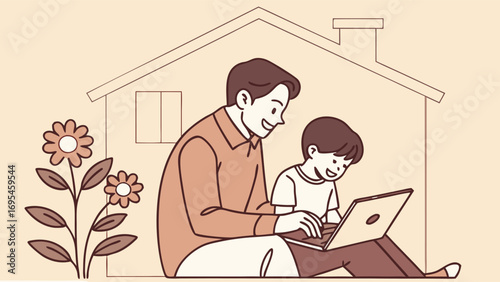 Father and son using a laptop together at home with a flower