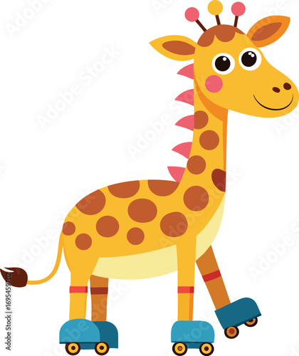 Vector illustration of a cartoon giraffe roller skating, featuring bright colors and a joyful expression, exuding a playful vibe.