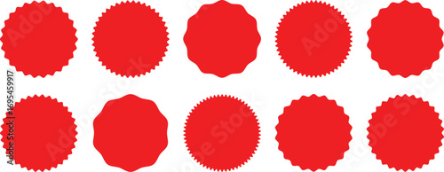 Sunburst sticker shapes. Circle and star shaped price tag, discount and sale label stickers. Red sale stickers with zigzag edges and starburst price tags, starburst sticker.