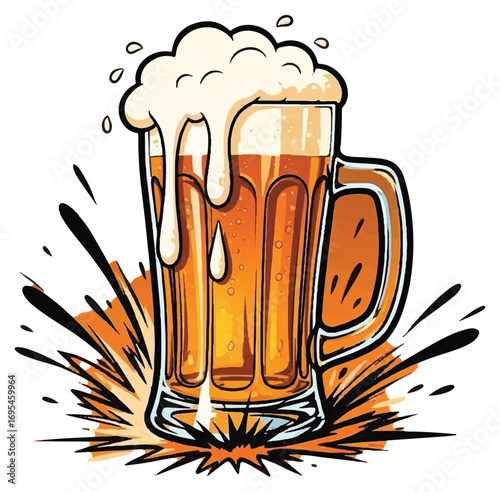 A frothy glass of beer with a dynamic comic-style splash effect.