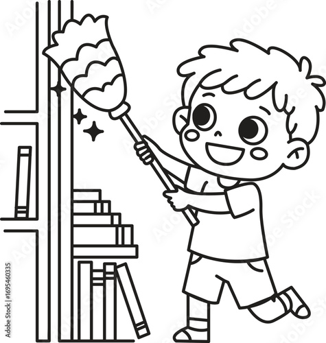 Cartoon Boy Dusting Bookshelf with Duster Smiling Outline Style.