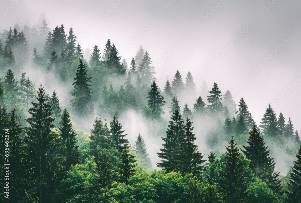 Fototapeta premium Misty mountain forest with lush green trees veiled in ethereal fog creating a serene and atmospheric landscape