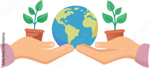 A pair of hands cradling a globe with vibrant plants, representing a connection between humanity and the environment.