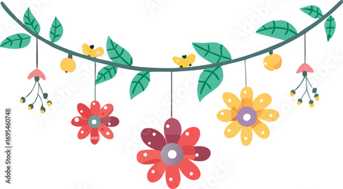 A lively garland composed of colorful blooms and verdant leaves, creating a cheerful display.