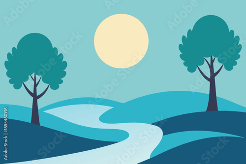 A tranquil scene with two trees flanking a gently flowing river, surrounded by lush greenery.
