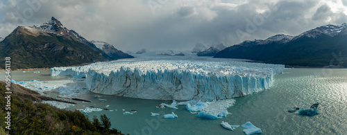 a wide angle shot of perito moreno glacier on an autumn morning in los glaciares national park of argentina
