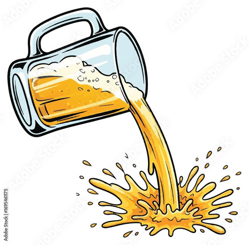 Pouring beer from a glass mug, creating a splash of frothy beer.