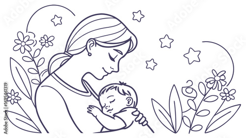 Mother holding her sleeping baby with flowers and stars